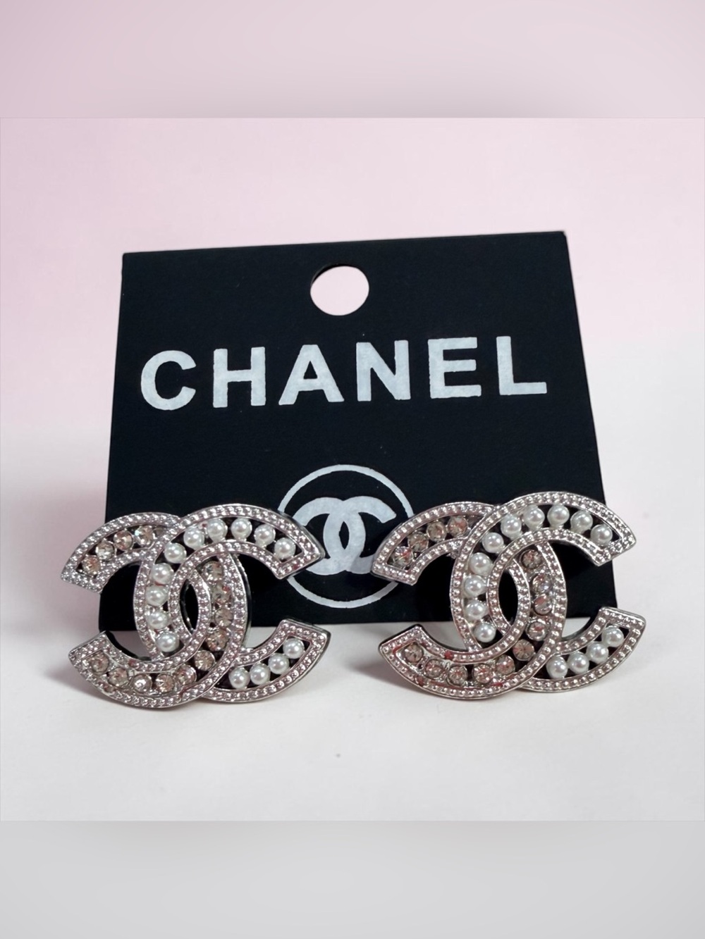 Silver-Tone Interlocking Logo Earrings with Pearls and Crystals